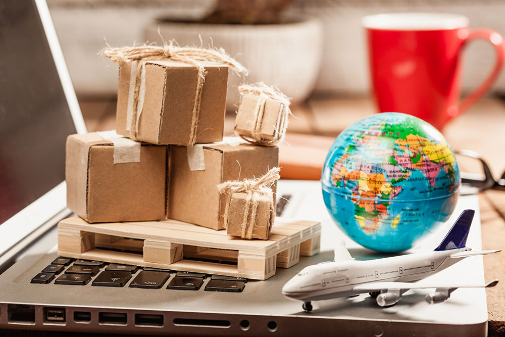 computer with a globe and export boxes